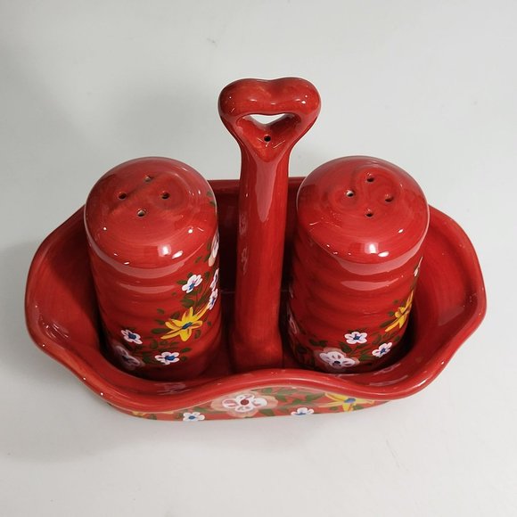 Handcrafted Ceramic Red Salt And Pepper Shakers With Caddy - Picture 10 of 16